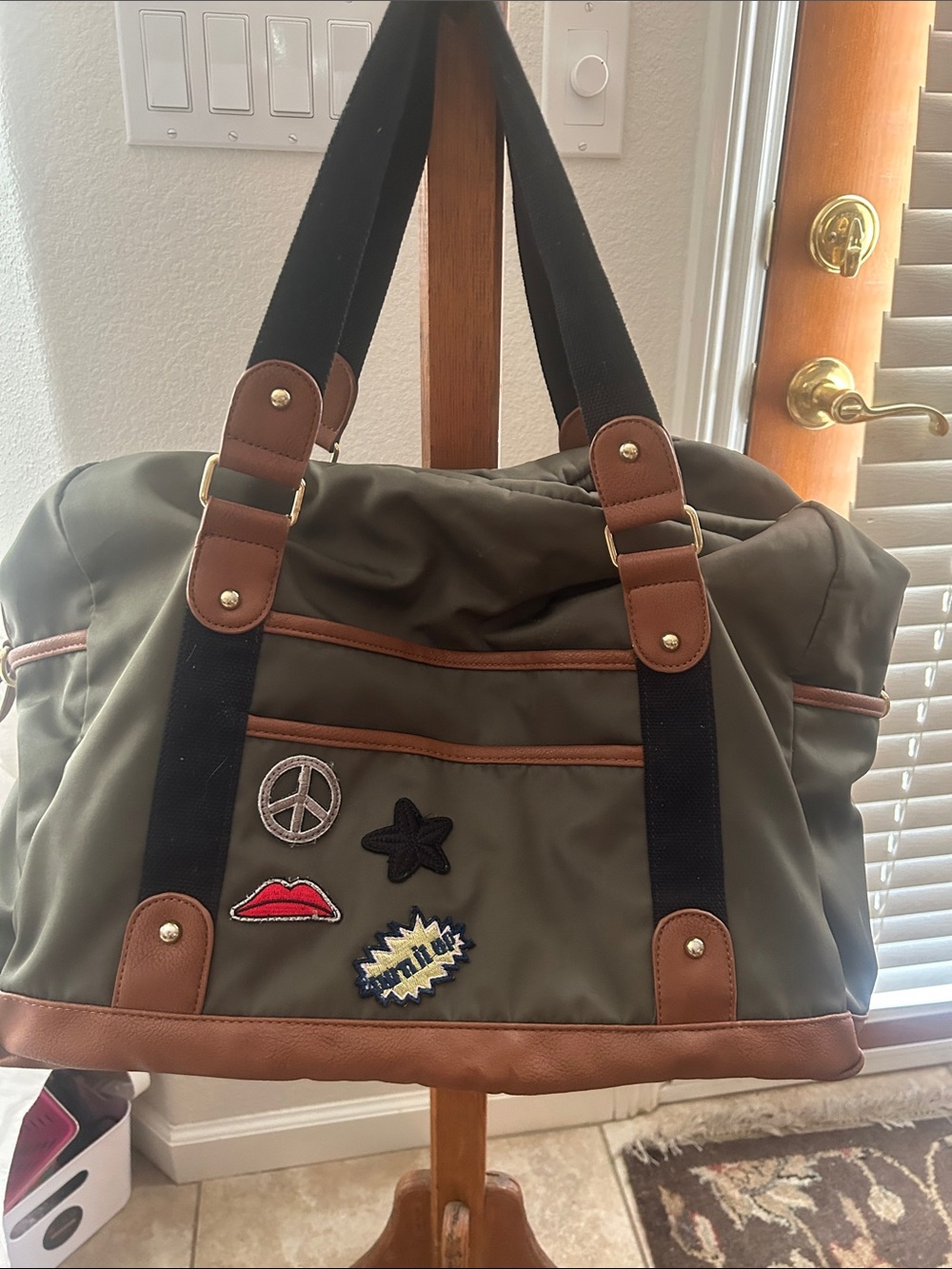 Madden Girl Olive Green Weekender Bag with Brown Trim and Black Straps
